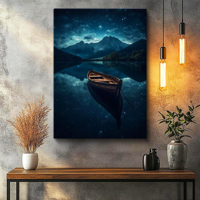 Dikey Kanvas Tablo Gece Gölü Ahşap Kayık ve Dağ Manzarası Manzara Tablosu Ev Ofis Duvar Dekoru