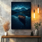 Dikey Kanvas Tablo Gece Gölü Ahşap Kayık ve Dağ Manzarası Manzara Tablosu Ev Ofis Duvar Dekoru