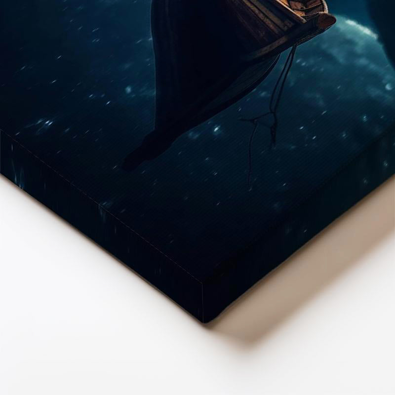 Dikey Kanvas Tablo Gece Gölü Ahşap Kayık ve Dağ Manzarası Manzara Tablosu Ev Ofis Duvar Dekoru