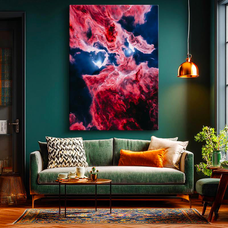 Dikey Kanvas Tablo Kırmızı Dumanlı Uzay Nebulası Manzara Tablosu Ev Ofis Duvar Dekoru