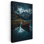 Dikey Kanvas Tablo Yıldızlı Gece Gölde Ahşap Sandal Manzara Tablosu Ev Ofis Duvar Dekoru