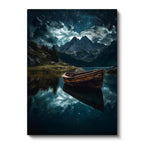 Dikey Kanvas Tablo Yıldızlı Gece Gölde Ahşap Sandal Manzara Tablosu Ev Ofis Duvar Dekoru