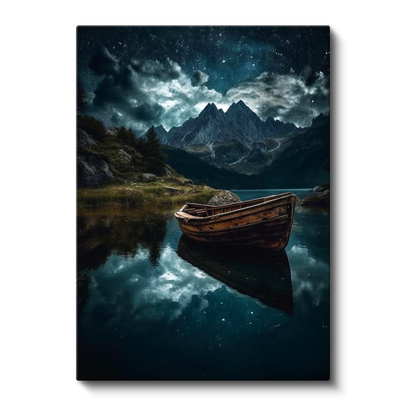 Dikey Kanvas Tablo Yıldızlı Gece Gölde Ahşap Sandal Manzara Tablosu Ev Ofis Duvar Dekoru