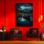 Dikey Kanvas Tablo Yıldızlı Gece Gölde Ahşap Sandal Manzara Tablosu Ev Ofis Duvar Dekoru