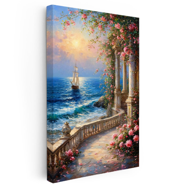 Dikey Kanvas Tablo Güllü Sütunlu Sahil ve Yelkenli Manzara Ve Doğa Tablosu Ev Ofis Duvar Dekoru