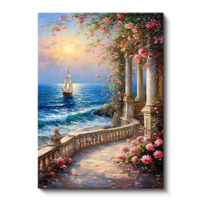 Dikey Kanvas Tablo Güllü Sütunlu Sahil ve Yelkenli Manzara Ve Doğa Tablosu Ev Ofis Duvar Dekoru