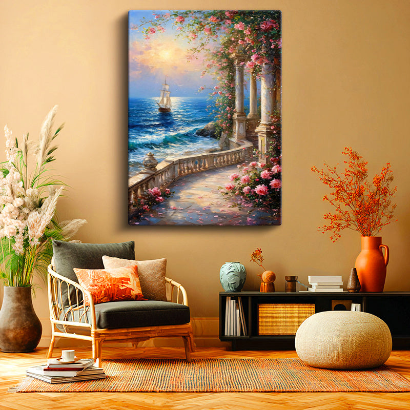 Dikey Kanvas Tablo Güllü Sütunlu Sahil ve Yelkenli Manzara Ve Doğa Tablosu Ev Ofis Duvar Dekoru