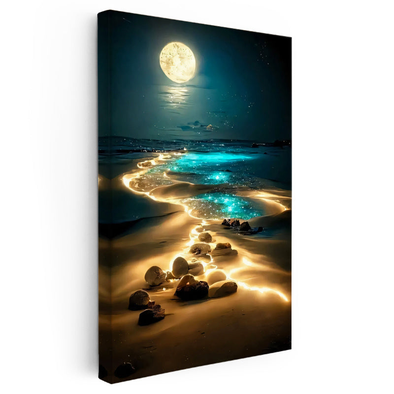Dikey Kanvas Tablo Gece Sahili Ay Işığı ve Kayalıklar Manzara Ve Doğa Tablosu Ev Ofis Duvar Dekoru