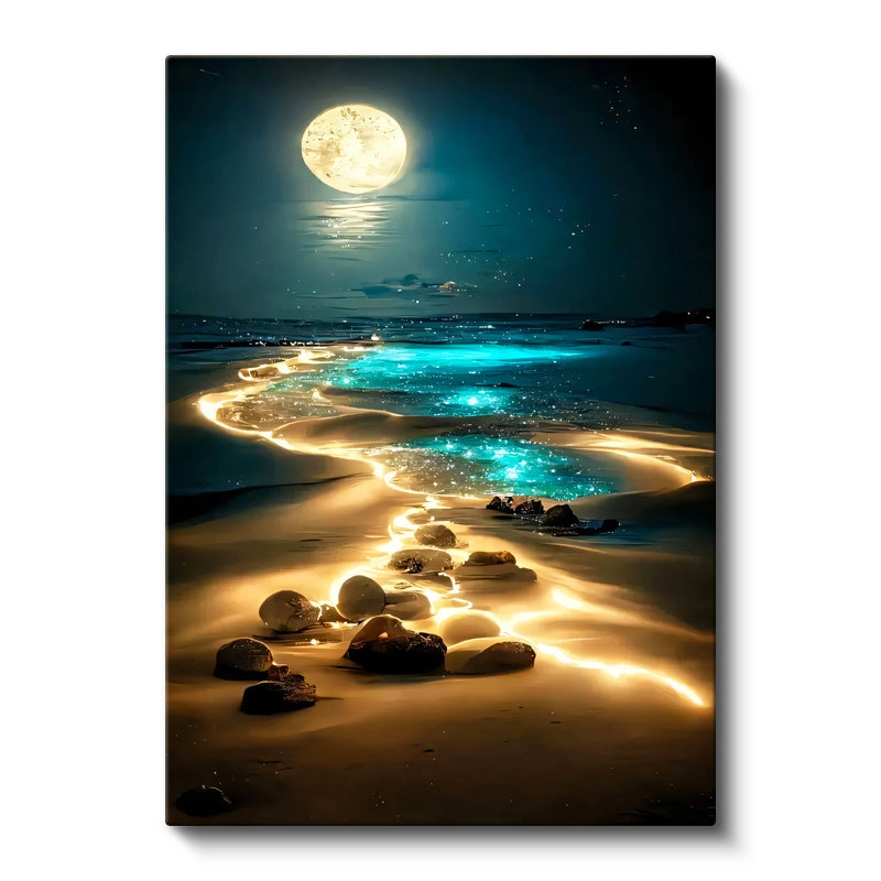 Dikey Kanvas Tablo Gece Sahili Ay Işığı ve Kayalıklar Manzara Ve Doğa Tablosu Ev Ofis Duvar Dekoru