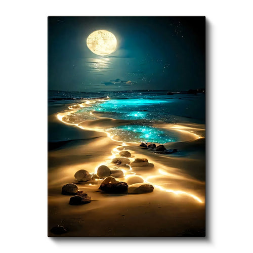 Dikey Kanvas Tablo Gece Sahili Ay Işığı ve Kayalıklar Manzara Ve Doğa Tablosu Ev Ofis Duvar Dekoru
