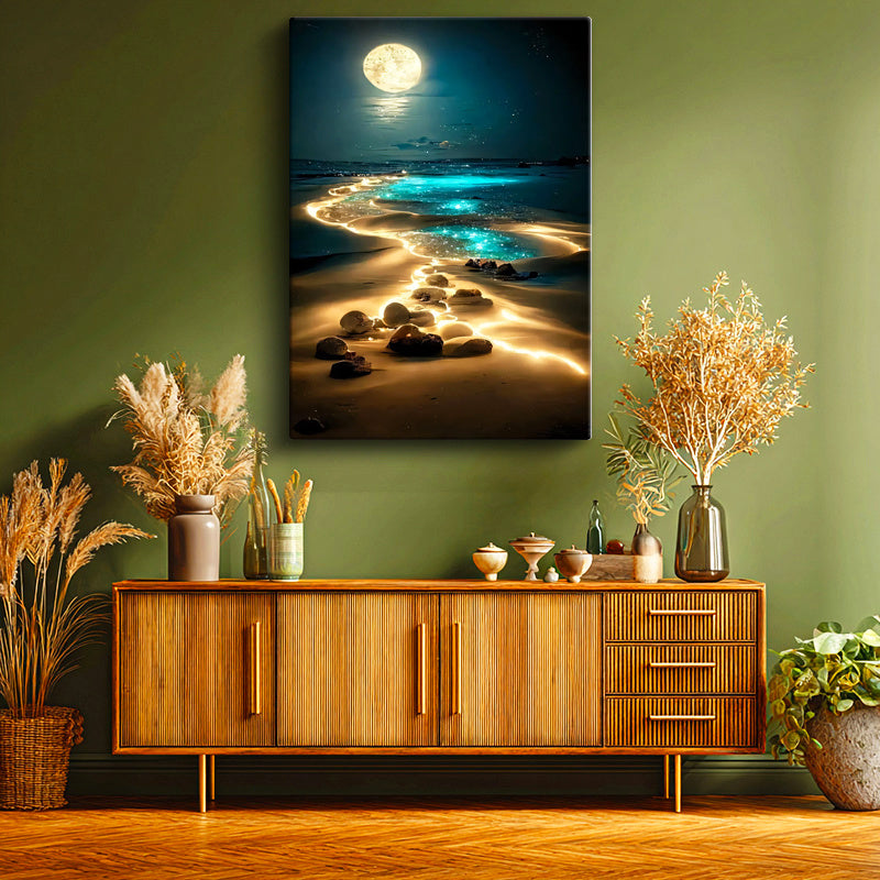 Dikey Kanvas Tablo Gece Sahili Ay Işığı ve Kayalıklar Manzara Ve Doğa Tablosu Ev Ofis Duvar Dekoru