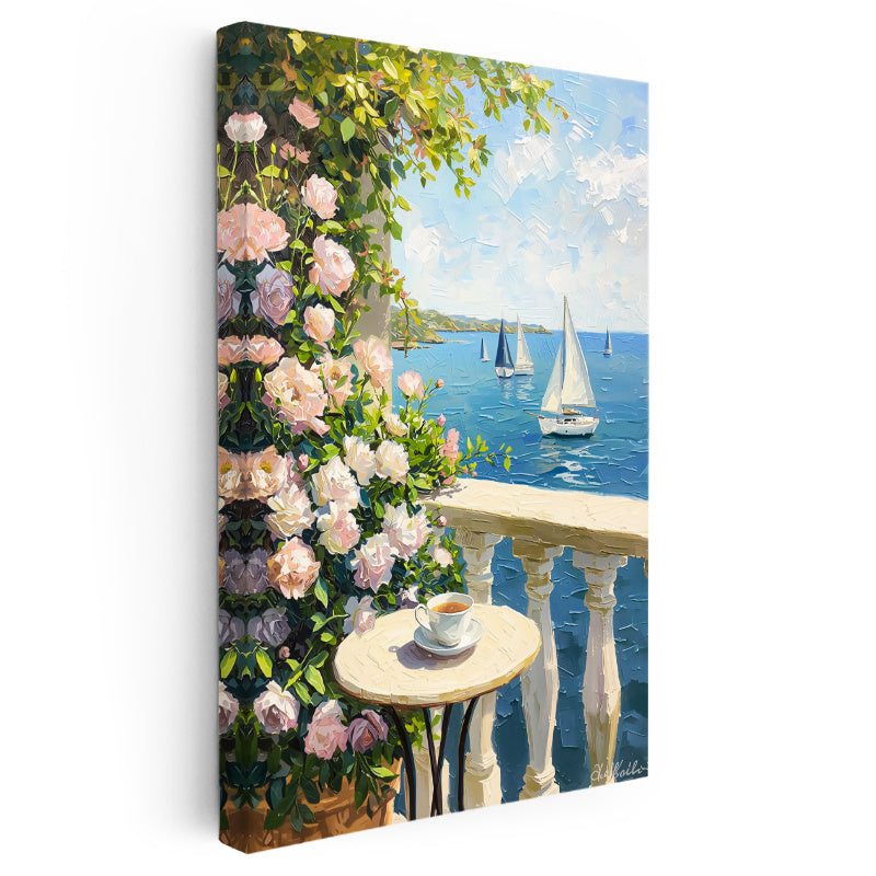 Dikey Kanvas Tablo Çiçekli Teras ve Deniz Yelkenlileri Manzara Ve Doğa Tablosu Ev Ofis Duvar Dekoru