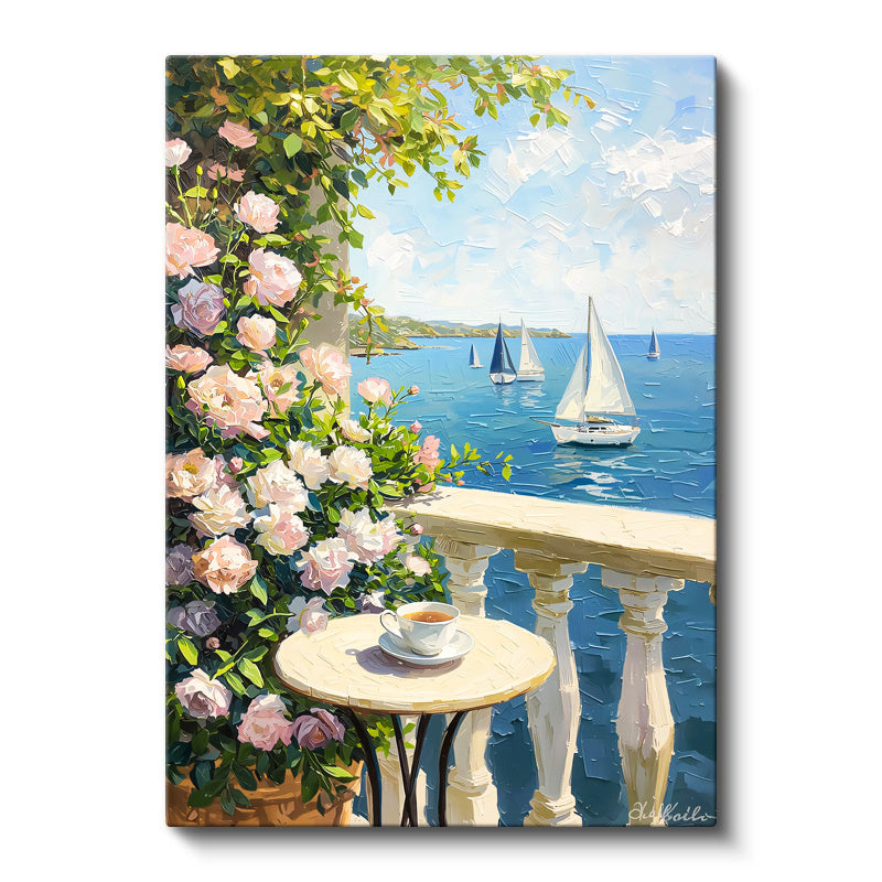 Dikey Kanvas Tablo Çiçekli Teras ve Deniz Yelkenlileri Manzara Ve Doğa Tablosu Ev Ofis Duvar Dekoru