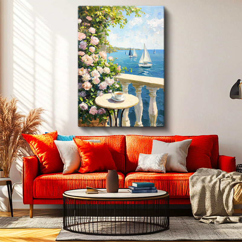Dikey Kanvas Tablo Çiçekli Teras ve Deniz Yelkenlileri Manzara Ve Doğa Tablosu Ev Ofis Duvar Dekoru