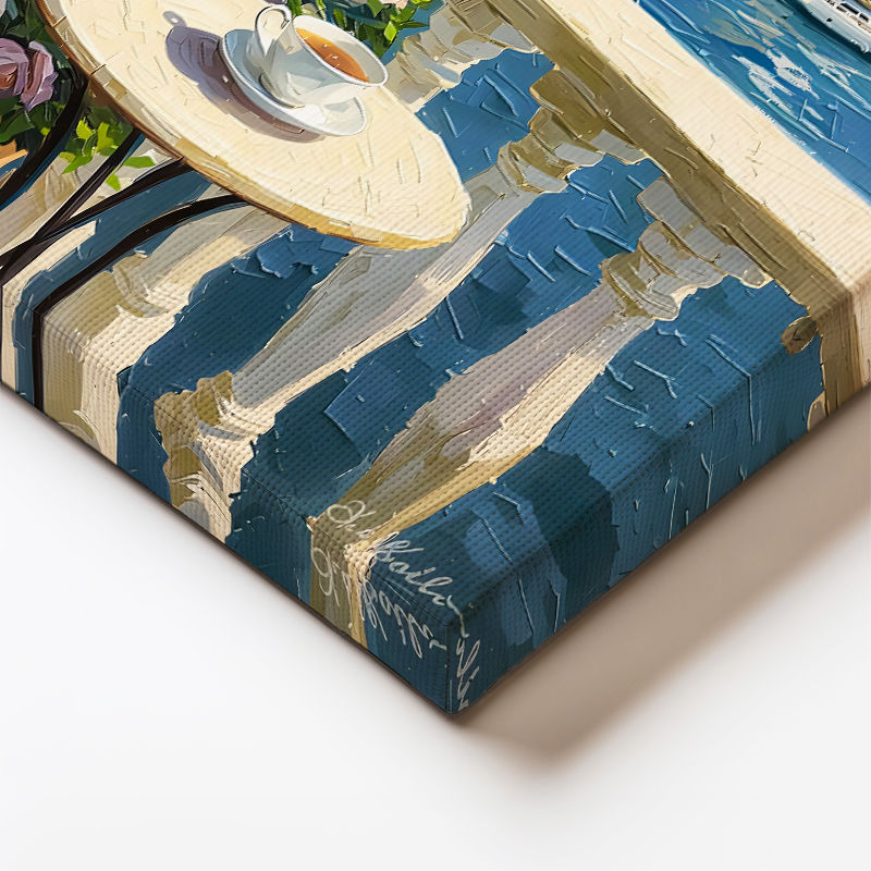 Dikey Kanvas Tablo Çiçekli Teras ve Deniz Yelkenlileri Manzara Ve Doğa Tablosu Ev Ofis Duvar Dekoru