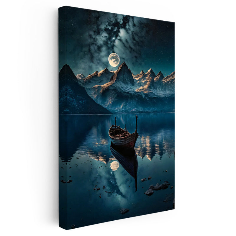 Dikey Kanvas Tablo Karlı Dağlar ve Göl Sandalı Manzara Ve Doğa Tablosu Ev Ofis Duvar Dekoru