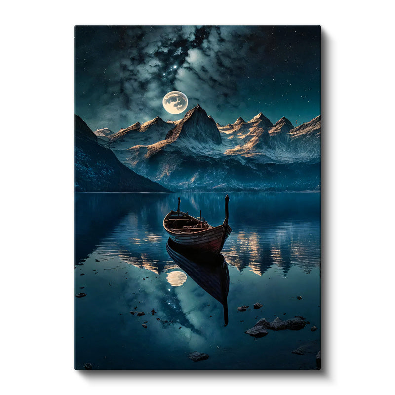 Dikey Kanvas Tablo Karlı Dağlar ve Göl Sandalı Manzara Ve Doğa Tablosu Ev Ofis Duvar Dekoru