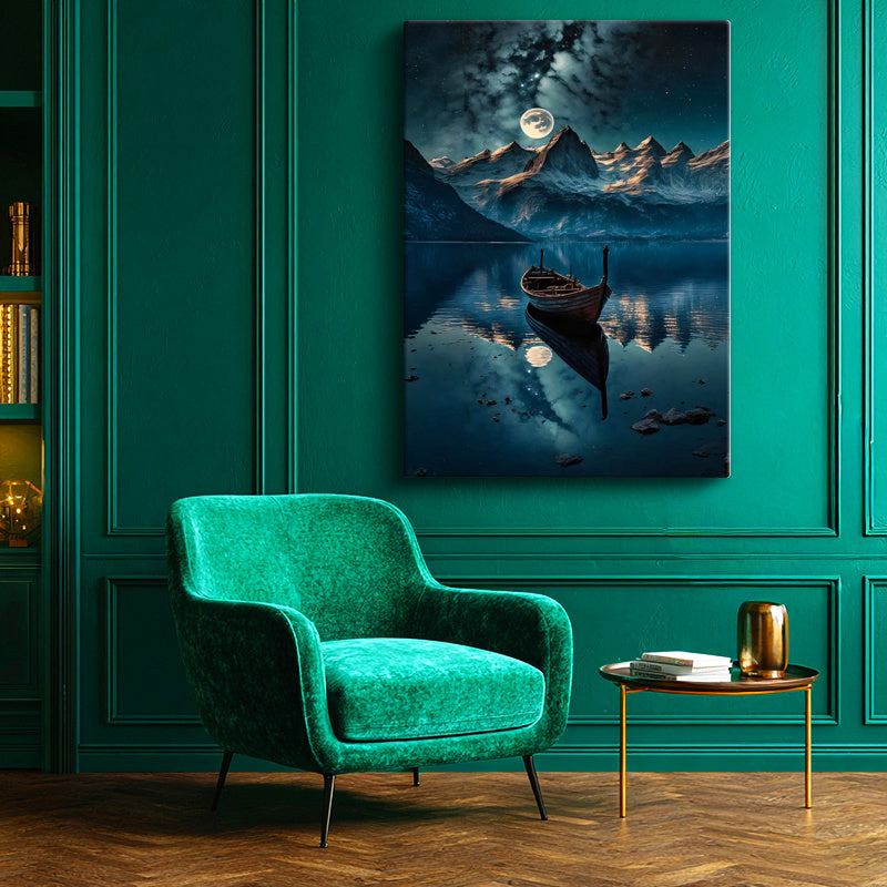 Dikey Kanvas Tablo Karlı Dağlar ve Göl Sandalı Manzara Ve Doğa Tablosu Ev Ofis Duvar Dekoru