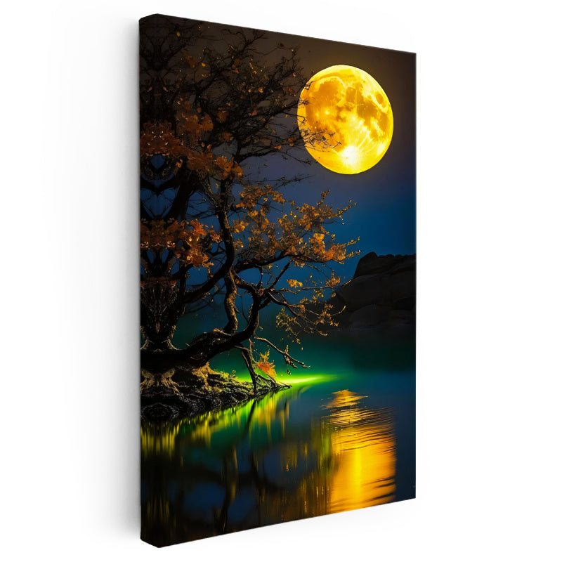 Dikey Kanvas Tablo Gece Ağacı ve Büyük Sarı Ay Manzara Ve Doğa Tablosu Ev Ofis Duvar Dekoru