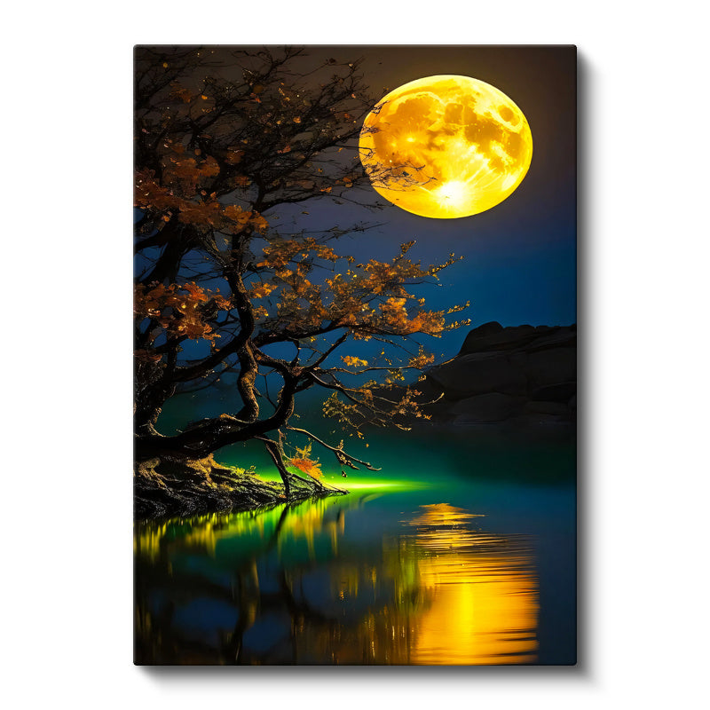 Dikey Kanvas Tablo Gece Ağacı ve Büyük Sarı Ay Manzara Ve Doğa Tablosu Ev Ofis Duvar Dekoru