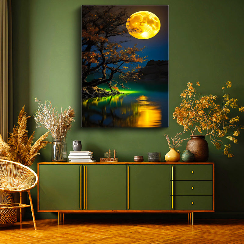 Dikey Kanvas Tablo Gece Ağacı ve Büyük Sarı Ay Manzara Ve Doğa Tablosu Ev Ofis Duvar Dekoru