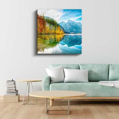 Alp Gölü - Sonbahar Renkleri ve Dağ Yansıması Kanvas Tablo