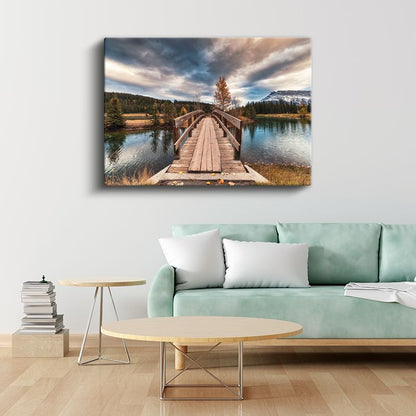 Ahşap Köprü - Sonbahar Göl Manzarası Kanvas Tablo