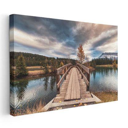 Ahşap Köprü - Sonbahar Göl Manzarası Kanvas Tablo