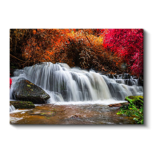 Sonbahar Şelalesi - Renkli Yapraklar Arasında Su Akışı Kanvas Tablo
