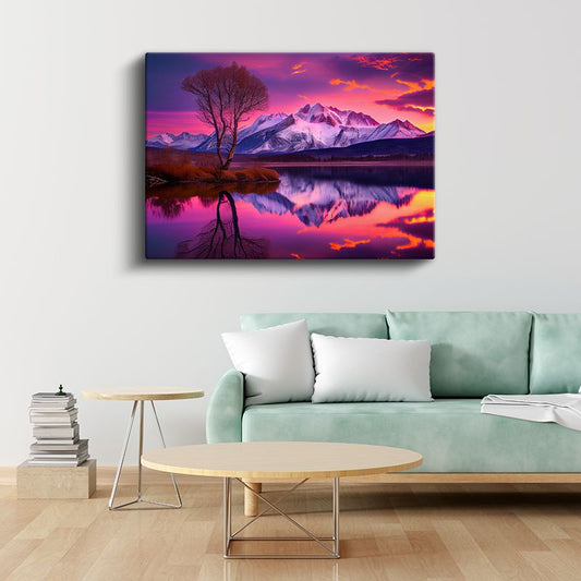 Alev Gökyüzü - Mor Tonlarda Gün Batımı ve Dağ Silüeti Kanvas Tablo