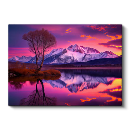 Alev Gökyüzü - Mor Tonlarda Gün Batımı ve Dağ Silüeti Kanvas Tablo