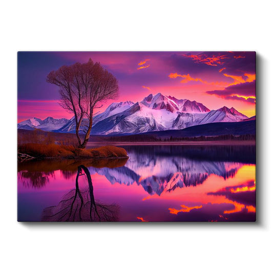 Alev Gökyüzü - Mor Tonlarda Gün Batımı ve Dağ Silüeti Kanvas Tablo