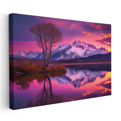 Alev Gökyüzü - Mor Tonlarda Gün Batımı ve Dağ Silüeti Kanvas Tablo