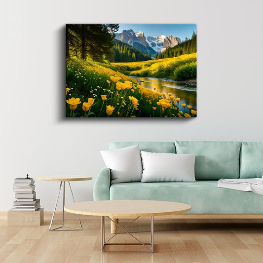 Sarı Laleler - Dağ Eteklerinde Çiçek Açan Vadiler Kanvas Tablo