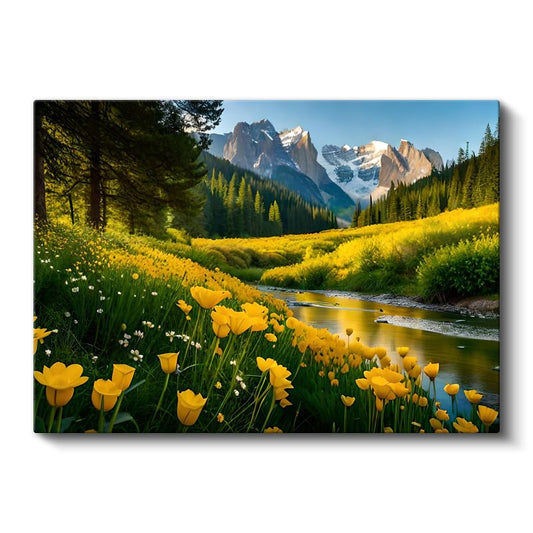 Sarı Laleler - Dağ Eteklerinde Çiçek Açan Vadiler Kanvas Tablo