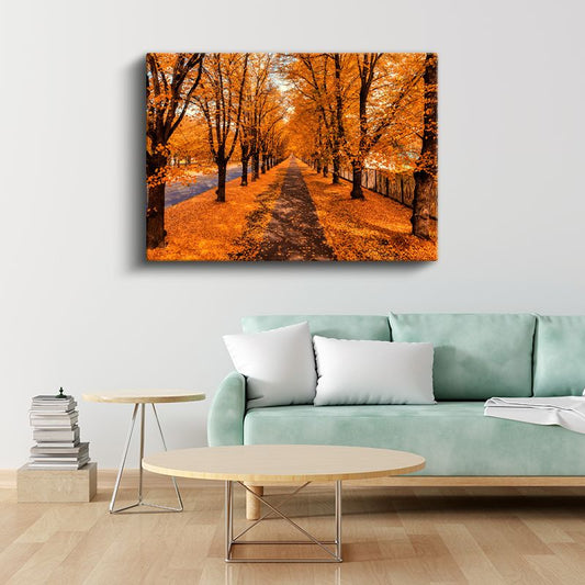 Sonbahar Yolu - Altın Sarısı Yapraklarla Kaplı Patika Kanvas Tablo