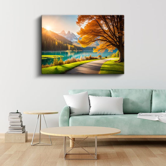 Sonbahar Gölü - Turkuaz Sular ve Altın Yapraklar Kanvas Tablo