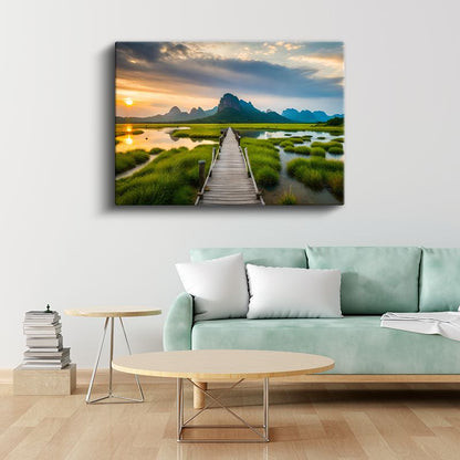 Ahşap İskele - Gün Batımında Huzur Veren Göl Manzarası Kanvas Tablo