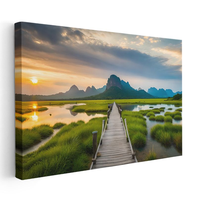 Ahşap İskele - Gün Batımında Huzur Veren Göl Manzarası Kanvas Tablo