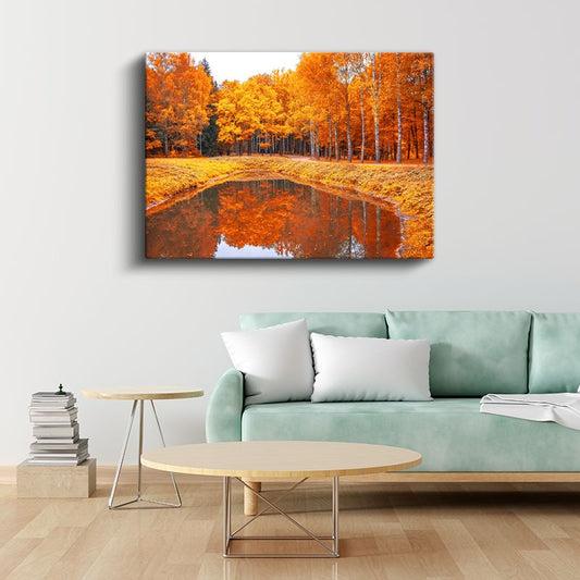 Turuncu Yansımalar - Sonbahar Gölet Manzarası Kanvas Tablo