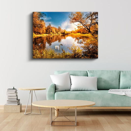 Sonbahar Kuğuları - Altın Yapraklı Ağaçlar Arasında Huzurlu Göl Kanvas Tablo