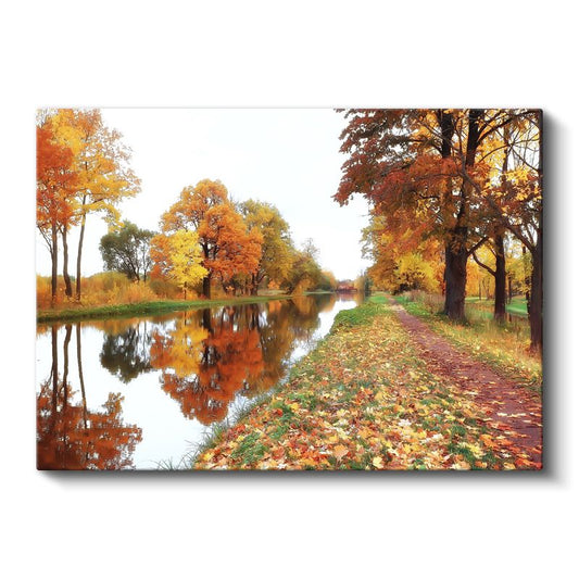 Sonbahar Patikası - Turuncu Yapraklarla Kaplı Nehir Kenarı Kanvas Tablo