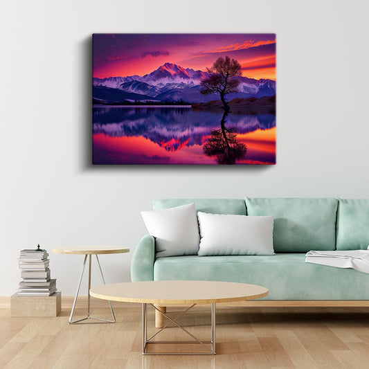 Alacakaranlık Dağları - Mor Gökyüzü Altında Yalnız Ağaç Kanvas Tablo