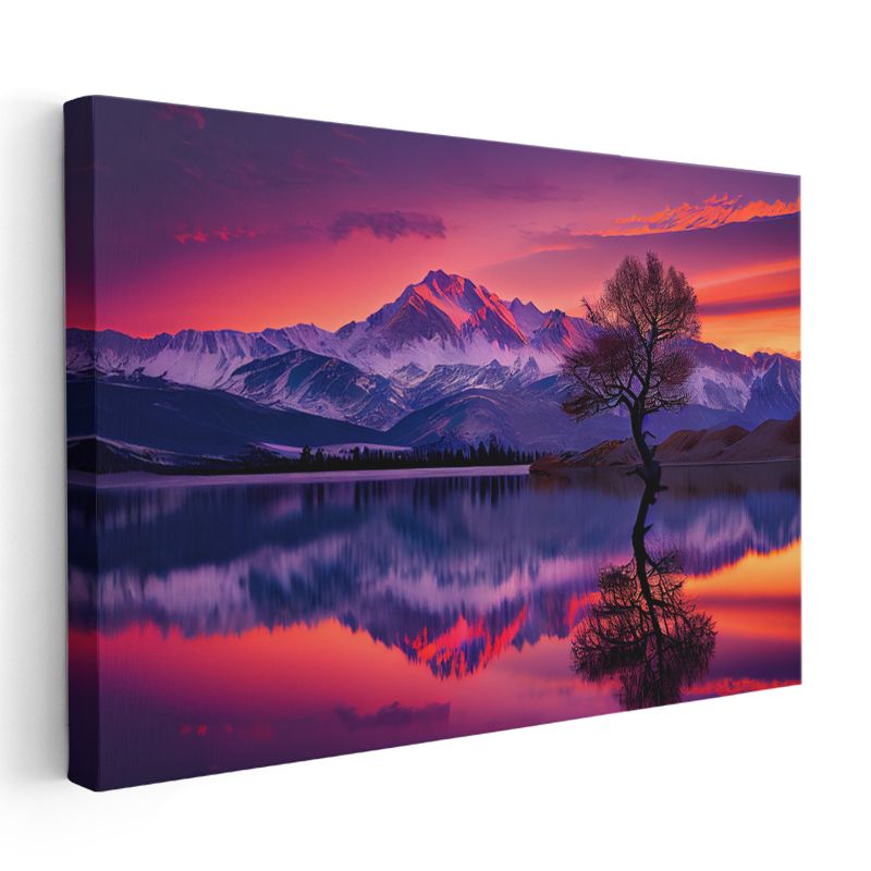 Alacakaranlık Dağları - Mor Gökyüzü Altında Yalnız Ağaç Kanvas Tablo