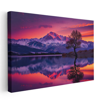 Alacakaranlık Dağları - Mor Gökyüzü Altında Yalnız Ağaç Kanvas Tablo