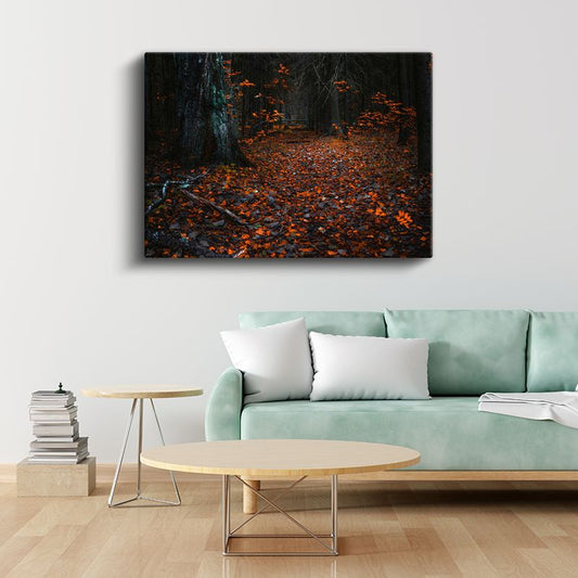 Sonbahar Ormanı - Turuncu Yaprak Halısı Kanvas Tablo