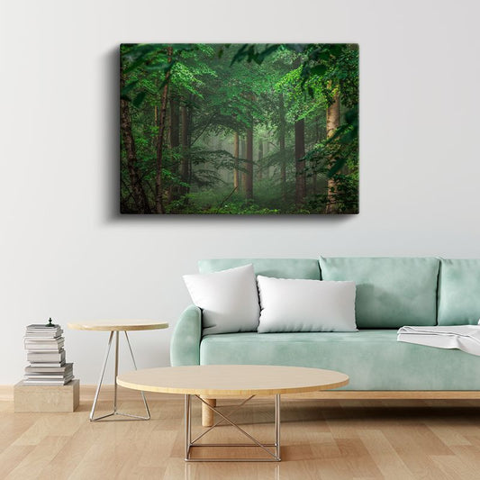 Sis Ormanı - Yeşil Yapraklar Arasında Işık Huzmeleri Kanvas Tablo