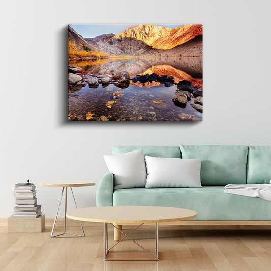 Sonbahar Gölü - Dağların Arasında Altın Yansımalar Kanvas Tablo