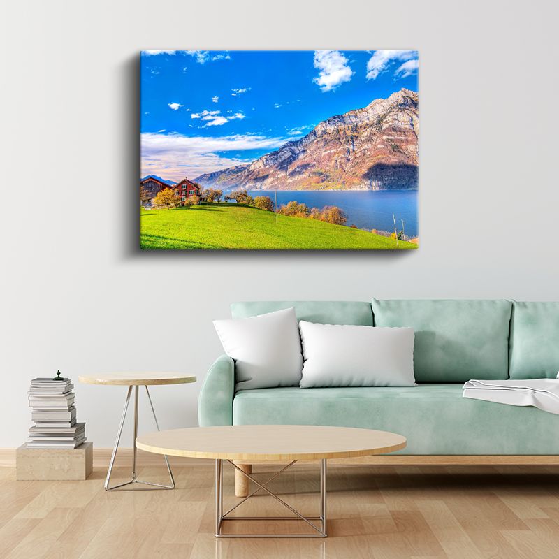 Alp Dağları - Göl Kenarında Huzur Dolu Yeşil Vadi Kanvas Tablo