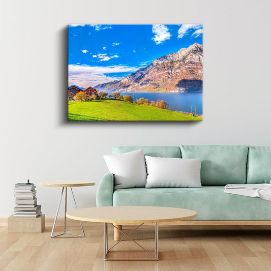 Alp Dağları - Göl Kenarında Huzur Dolu Yeşil Vadi Kanvas Tablo